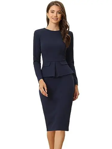Produktbild: Allegra K Damen Kleid Elegant Figurbetont Bleistiftkleid Rundhalsausschnitt Schößchen Arbeit Knielang Etuikleid Marineblau XL