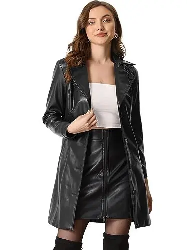 Produktbild: Allegra K Damen Kunstledermantel Reverskragen Knopfleiste Steampunk PU Mantel Schwarz S