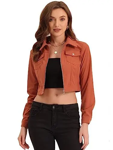 Produktbild: Allegra K Damen Kurz Geschnittene Cordjacke Lässig Kurz Reverskragen Reißverschluss Jacken Dunkelorange L