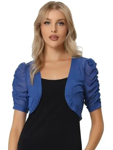Produktbild: Allegra K Damen Kurzärm Shrug Mesh Durchsichtige Bolero Netzstoff Offener Strickjacke Blau XL