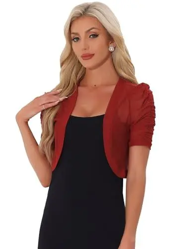 Produktbild: Allegra K Damen Kurzärm Shrug Mesh Durchsichtige Bolero Netzstoff Offener Strickjacke Rot XS