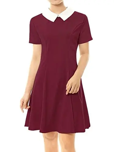 Produktbild: Allegra K Damen Kurzarm A-Linie Bubikragen Kleid Knielang Party Minikleid Burgund M