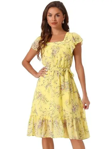 Produktbild: Allegra K Damen Kurzarm A-Linie Eckiger Ausschnitt Rüschen Blumen Midikleid Sommer Kleid Gelb L