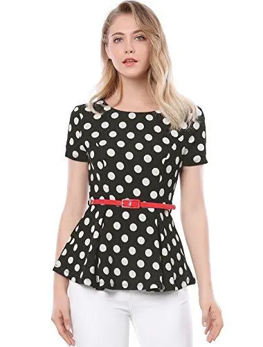Produktbild: Allegra K Damen Kurzarm Panel Gürtel Polka Dots Peplum Top Bluse Schwarz L