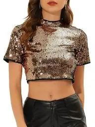Produktbild: Allegra K Damen Kurzarm Rundhals Party Club Bauchfrei Glitzer Pailletten Crop Top Rose XL