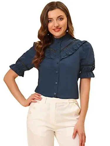 Produktbild: Allegra K Damen Kurzarm Stehkragen Panel Volant Shirt Bluse Dunkelblau M