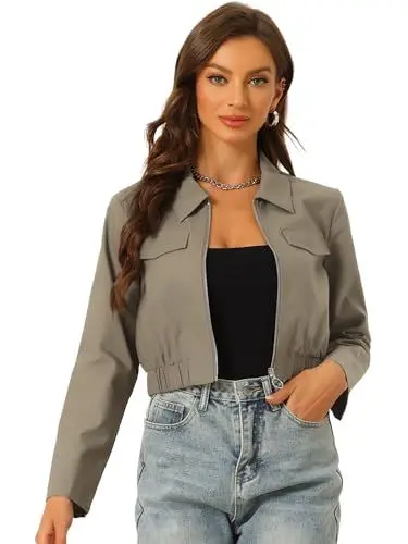 Produktbild: Allegra K Damen Kurze Jacken Leichte Langärm Utility Crop Anorakjacke mit Reißverschluss und Revers Graues Armeegrün L