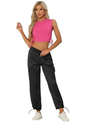 Produktbild: Allegra K Damen Lässige 2-Teilige Outfits, Ärmelloses Tank-Top, Satin-Cargohose, Trainingsanzug Schwarz Rosa S