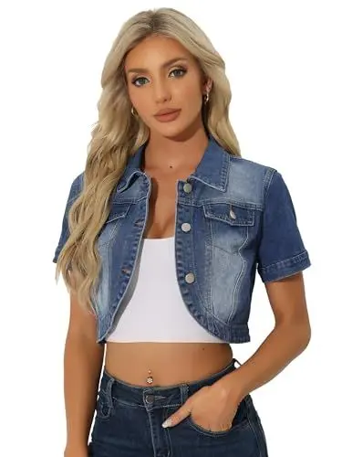 Produktbild: Allegra K Damen Jeansjacke Leichte Übergangsjacke Revers Kurzarm Bauchfreie Denim Jacke Mittelblau M