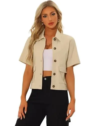 Produktbild: Allegra K Damen Lässige Leinenjacken, Umlegekragen, Kurze Ärmel, Leichte Jacke Mit Knopfleiste Khaki L