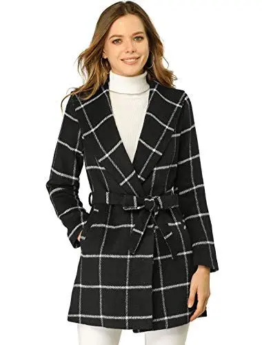 Produktbild: Allegra K Damen Lagnarm Schalkragen Bindegürtel Wickel Kariert Trenchcoat Mantel Schwarz M