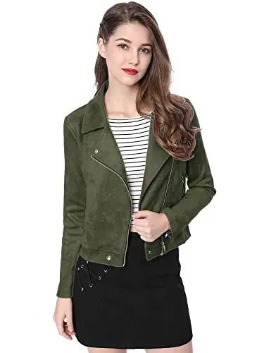 Produktbild: Allegra K Damen Langarm Asymmetrisch Reißverschluss Crop Fahrradjacke Jacke Olivgrün S