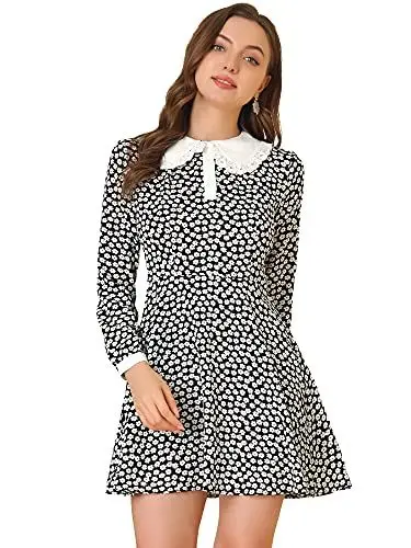 Produktbild: Allegra K Damen Langarm Bubikragen Blumen Panel Spitze Daisy Minikleid Kleid Schwarz L