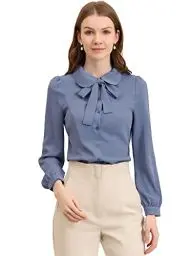 Produktbild: Allegra K Damen Langarm Chiffon Hemd Bubikragen Krawatten Ausschnitt Knopfleiste Elegante Top Bluse Staubiges Blau M