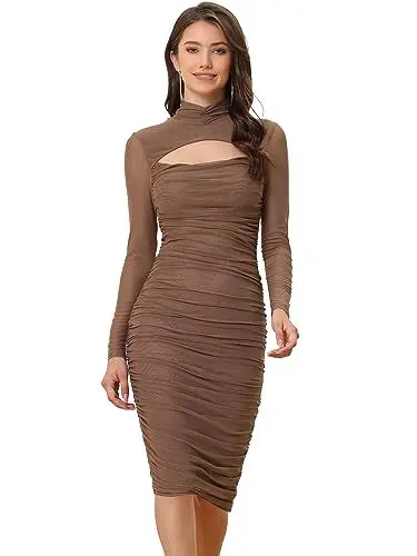 Produktbild: Allegra K Damen Langarm Gerüscht Figurbetont Netzkleid Kleider Stehkragen Schmaler Passform Kleid Braun L