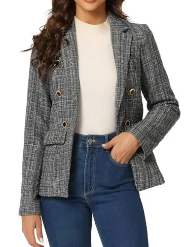 Produktbild: Allegra K Damen Langarm Kariert Blazer Office Revers Offen Vorderseite Elegant Jacke Grau S
