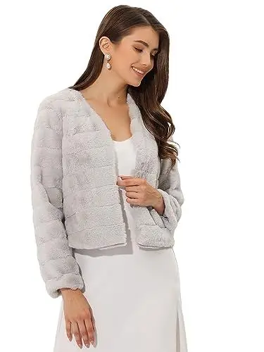 Produktbild: Allegra K Damen Langarm Kragenlos Offen Kunstpelz Coat Kurze Jacke Hell Grau XS