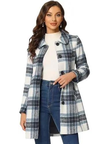 Produktbild: Allegra K Damen Langarm Panel Kunstpelz Kariert Trenchcoat Mantel Blau Weiß S