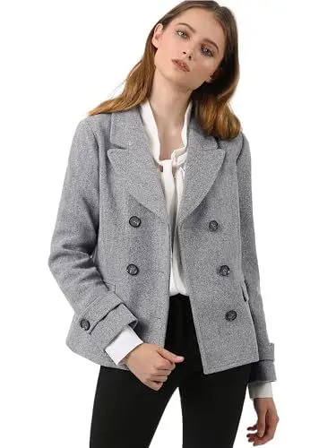 Produktbild: Allegra K Damen Langarm Revers Zweireiher Button Peacoat Mantel Grau M