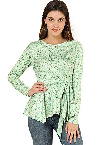 Produktbild: Allegra K Damen Langarm Rundhals Bindergürtel Blumen Peplum Top Bluse Grün M