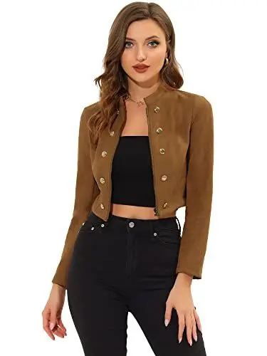 Produktbild: Allegra K Damen Langarm Stehkragen Zweireihig Reißverschluss Wildlederjacke Jacke Braun L