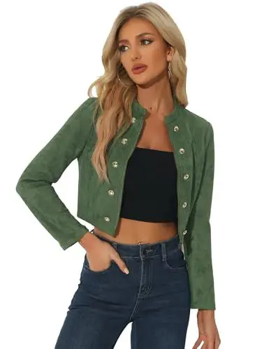 Produktbild: Allegra K Damen Langarm Stehkragen Zweireihig Reißverschluss Wildlederjacke Jacke Grün L