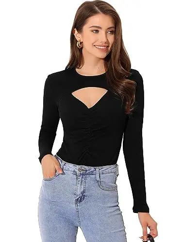 Produktbild: Allegra K Damen Langarm Top Sexy Cut Out Rundhals Rüschen Stretch T-Shirt Oberteil Schwarz XL