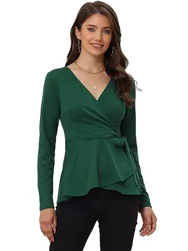 Produktbild: Allegra K Damen Langarm V-Ausschnitt Lässig Wickel Schößches Oberteil Elegant Top Bluse Grün S