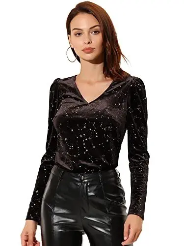 Produktbild: Allegra K Damen Langarm V Neck Metallic Sterne Samt Top Bluse Braun S