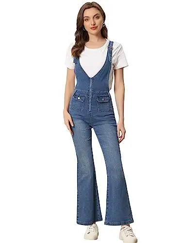 Produktbild: Allegra K Damen Latzhose Lässig Denimhose V-Ausschnitt Reißverschluss Jeans Overall Blau M