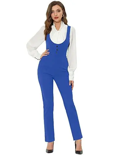 Produktbild: Allegra K Damen Latzhose U-Ausschnitt Büro Geradem Bein Elegant Hosenträger Jumpsuit Blau M