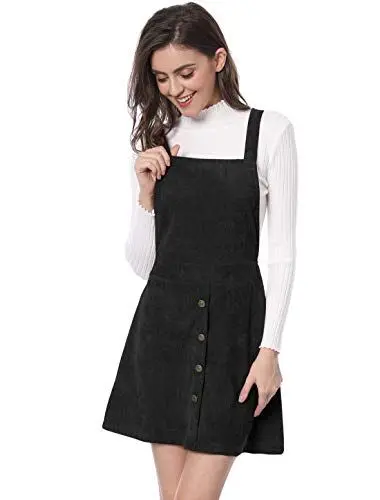 Produktbild: Allegra K Damen Latzkleider A Linie Knopfdekor Reißverschluss Hosenträger Cord Latzkleid Kleid Schwarz M