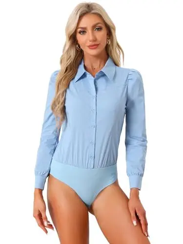 Produktbild: Allegra K Damen Leotard Bluse Revers Business Casual Knopfleiste Lange Ärmel Bodysuit Oberteil Blau L