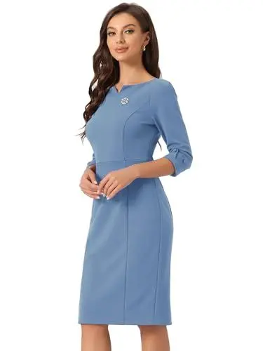 Produktbild: Allegra K Damen Midikleid 3/4-Ärmel Geteilte Seite Elegantes Figurbetontes Bleistiftkleid Businesskleid Grau Blau L