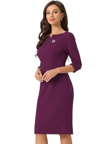 Produktbild: Allegra K Damen Midikleid 3/4-Ärmel Geteilte Seite Elegantes Figurbetontes Bleistiftkleid Businesskleid Lila XL