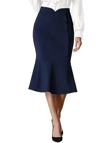 Produktbild: Allegra K Damen Midirock Hoher Taille Knopfdekor Ausgestellter Saum Meerjungfrau Rock Marine XL