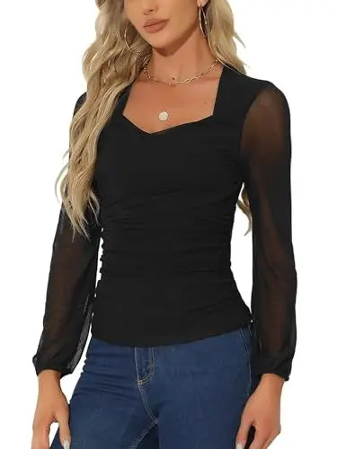 Produktbild: Allegra K Damen Netzbluse V-Ausschnitt Langarm Rüschen Schmale Passform Elegante Lässige Wickeloberteile Schwarz XL