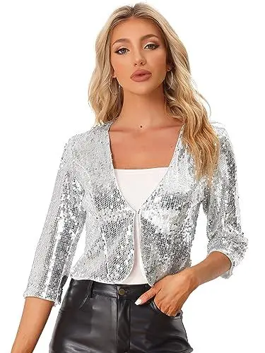 Produktbild: Allegra K Damen Pailletten Bolero 3/4-Ärmel Glitzernd Kurz Glitzer Jacke Silber M