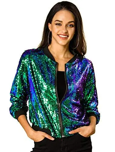 Produktbild: Allegra K Damen Glitzer Jacke Bomberjacke Pailletten Bomber Jacke Langarm Party Club Metallic Sequin Jacken Grün M