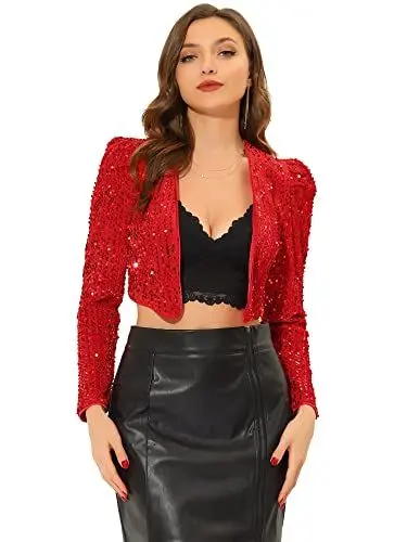 Produktbild: Allegra K Damen Pailletten Jacke Langarm Party Club Offen Glitzer Cardigan Kurzjacke Glitzer Bolero