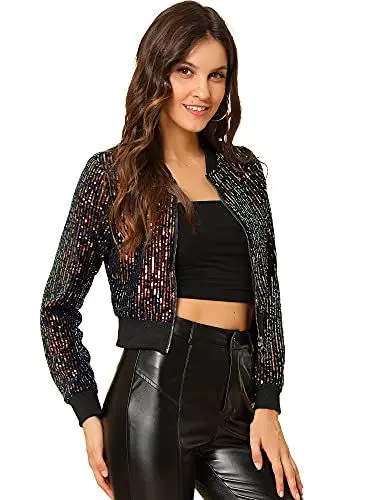 Produktbild: Allegra K Damen Pailletten Jacke Langarm Reißverschluss Crop Glitzer Sequin Bomberjacke Aprikose M