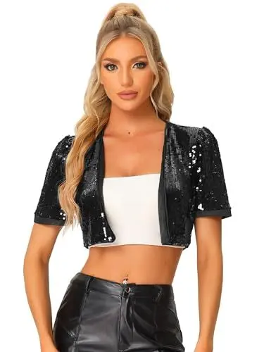 Produktbild: Allegra K Damen Halloween Pailletten Metallic Jacke Langarm Offen Front Party Glitzer Sequin Crop Bolero Schwarz XS