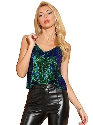 Produktbild: Allegra K Damen Festliches Oberteil Glitzer Top Spaghetti Party Club Camisole Pailletten Shirt Grün blau XL