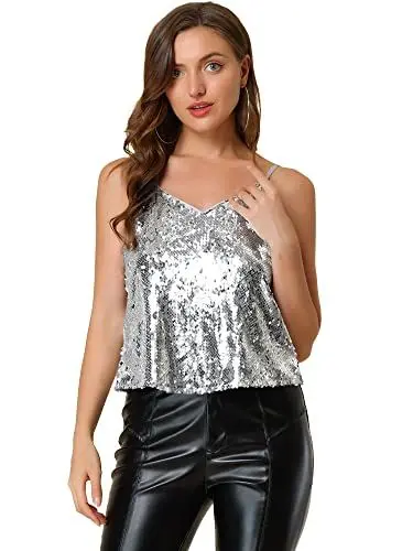 Produktbild: Allegra K Damen Festliches Oberteil Glitzer Top Spaghetti Party Club Camisole Pailletten Shirt Silber S