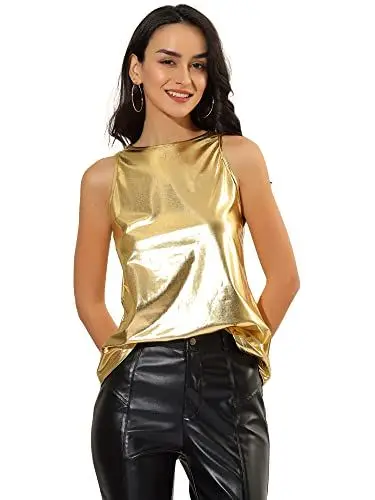 Produktbild: Allegra K Damen Pailletten Oberteil Metallic Glitzer Ärmellos Club Party Camisole Tank-Tops Glänzendes Gold S