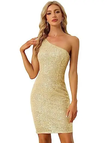 Produktbild: Allegra K Damen Paillettenkleid Sommer EIN Schulter Glitzer Party Bodycon Midiklied Kleid Gold S