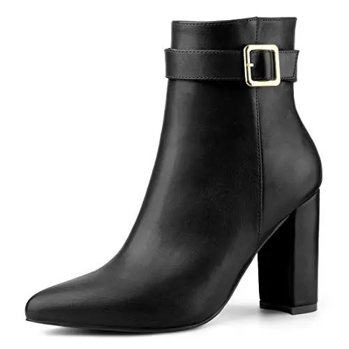 Produktbild: Allegra K Damen Pointed Toe Buckle Blockabsatz Ankle Boots Stiefel Schwarz 40
