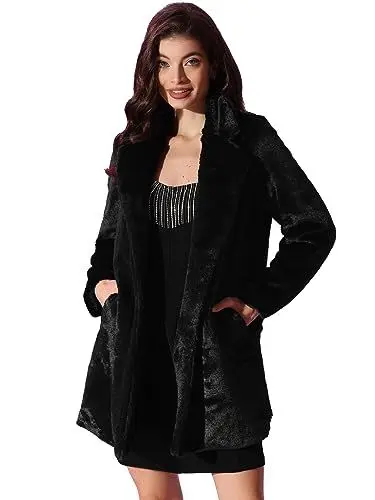 Produktbild: Allegra K Damen Revers Kunstpelz Wintermantel Langarm Offen Overcoat Mantel mit Taschen Schwarz M