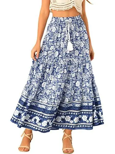 Produktbild: Allegra K Damen Rock Elastische Taille Blumen Rüschensaum Lässig Maxirock Lange Röcke Blau L