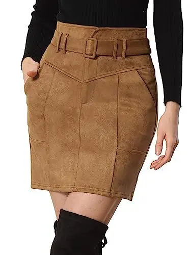 Produktbild: Allegra K Damen Rock Hohe Taille A-Linie Wildlederimitat Lässig Gürtel Minirock Braun XS